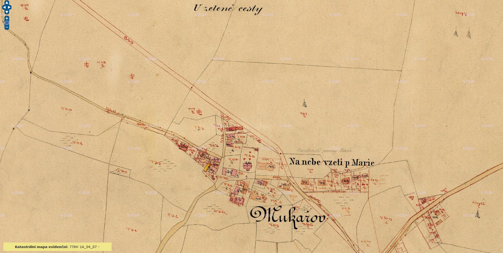 Mukařov katastrální mapy evidenční Čech 1886 - 1:2880